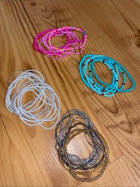Colorful Beaded Stretch Bracelet Set - Pink, Turquoise, White, Gold/Silver